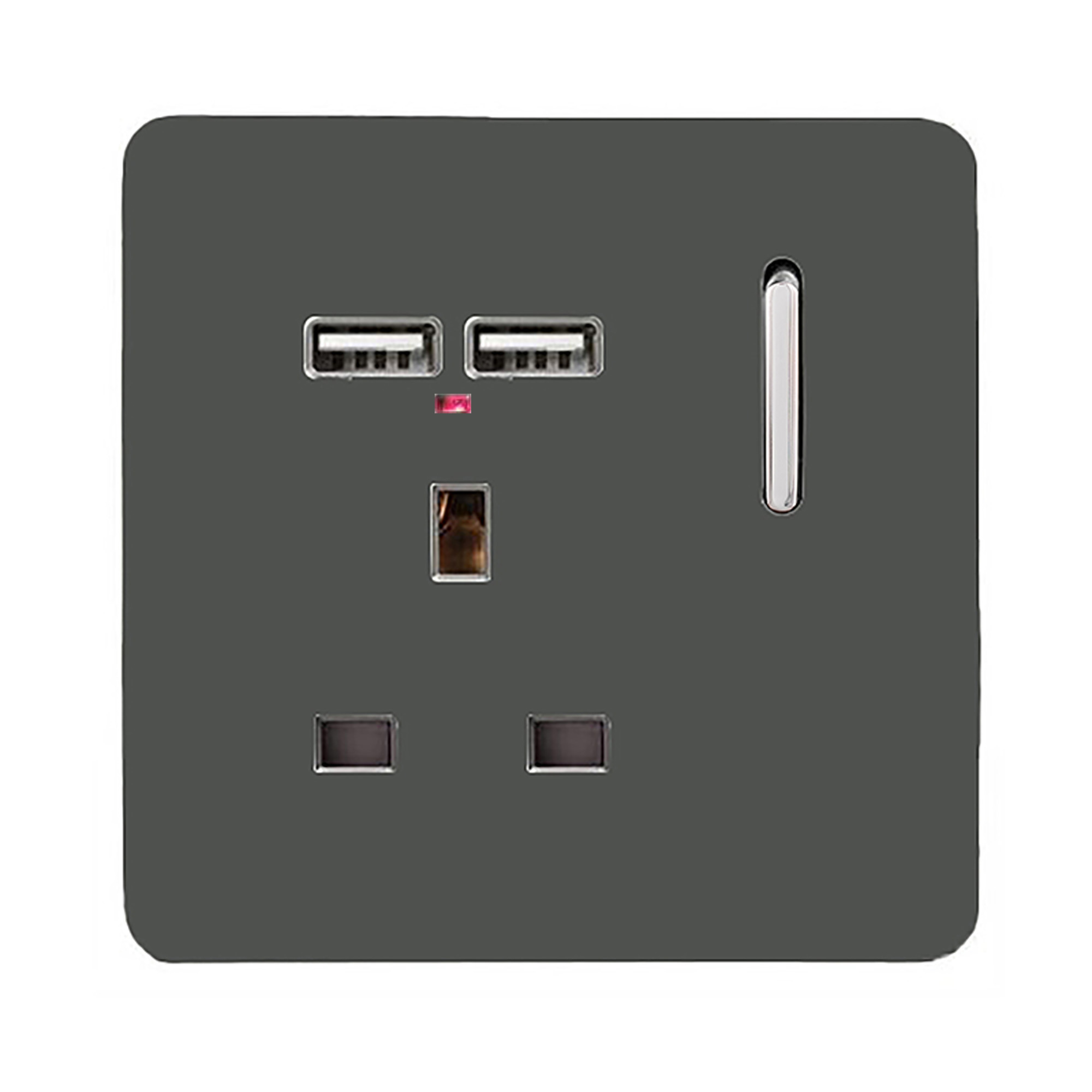 1 Gang Switched Single Socket 13A With 2 x USB-A 10W (Shared) With Neon Insert Charcoal ART-SKT13USBCH  Trendi Charcoal